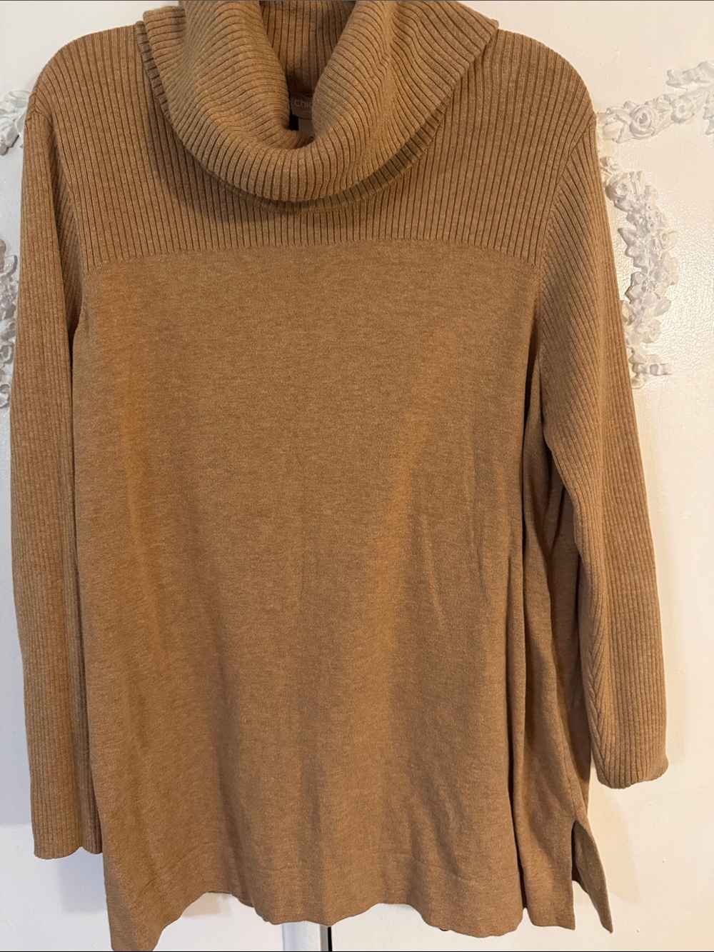 Chico's Camel Ribbed Cowl Neck Tunic Sweater. 3% cashmere. SZ 3 (XL)